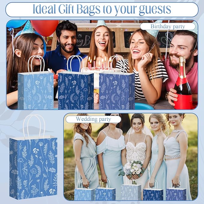 Kolldenn 50 Pcs Blue Wildflower Gift Bags with Handles Paper Floral Goodie Welcome Bag for Wedding Guest Baby Shower Bridal Birthday Party Favor, 5.91 x 3.15 x 8.27 Inches