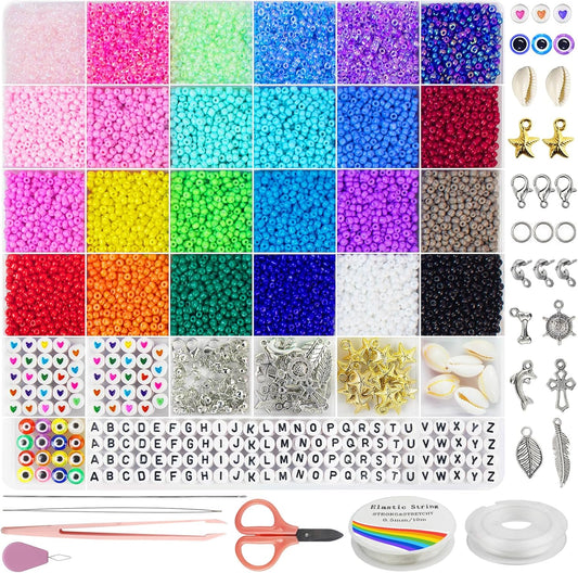 Redtwo 8000pcs 3mm Glass Seed Beads for Bracelet Making Kit, Small Beads Friendship Jewelry Making Kit, Letter Beads with Elastic String, DIY Art Craft Girls Gifts.