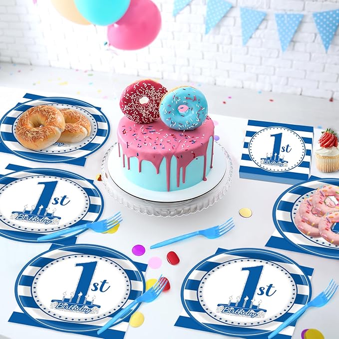 96Pcs Baby First Birthday Party Supplies Boy 1st Birthday Paper Plates Napkins Nautical Blue One Party Decorations Baby Show One Year Old Dinnerware Favor Tableware Serves 24