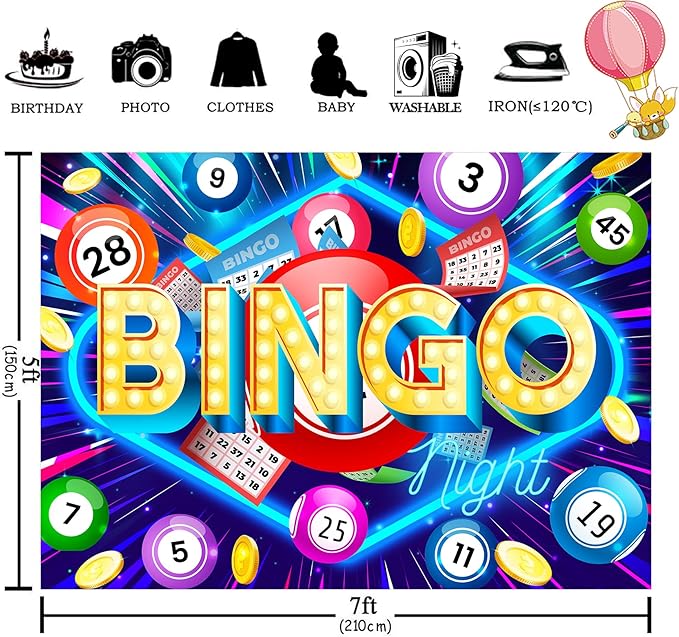 Homewelle Bingo Night Backdrop 7Wx5H Feet Polyester Fabric Snooker Game Time Cards Coins Contest Gaming Winning Ball Decoration for Adults Men Modern Cool Photography Background Photo Shoot Props