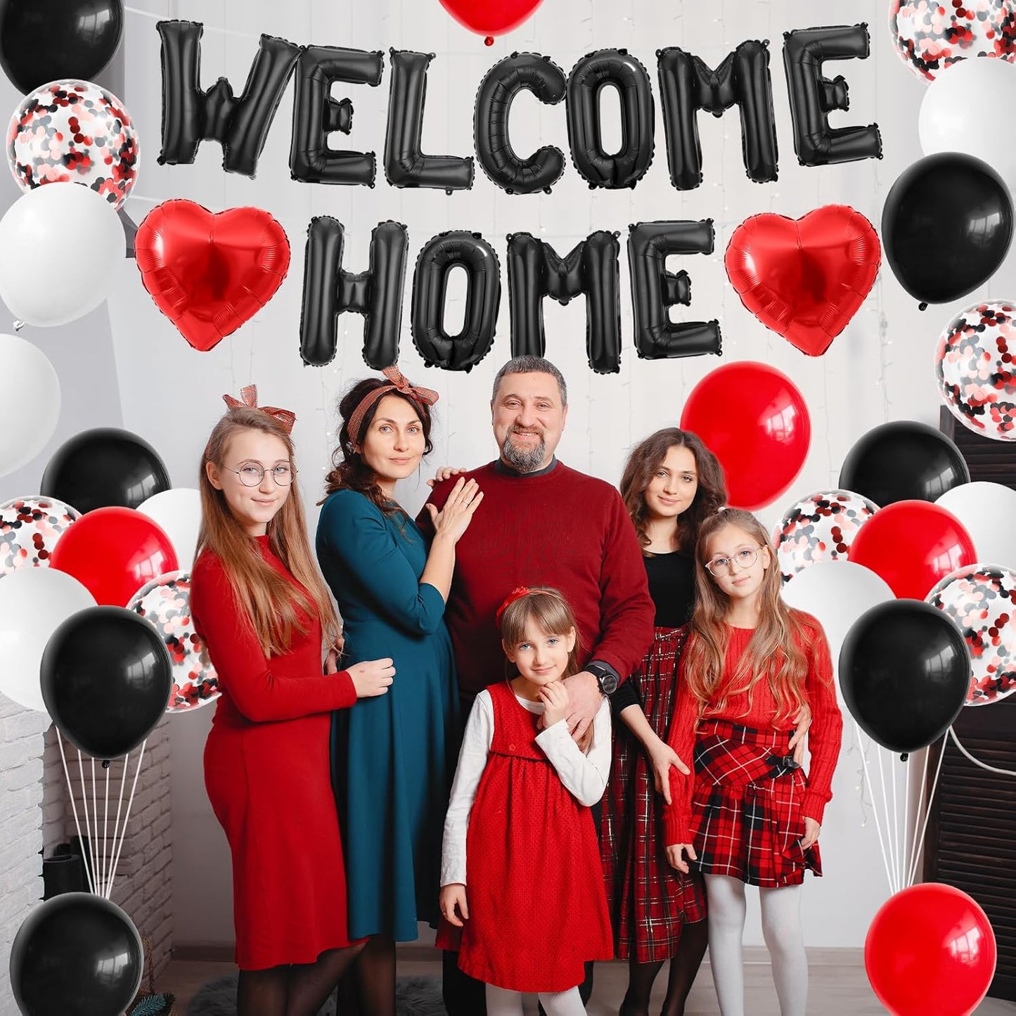 Welcome Home Decorations Black Red,Welcome Home Foil Balloon Banner with Confetti Balloons,Red Heart Balloons for Housewarming Baby Shower Home Family Party Supplies