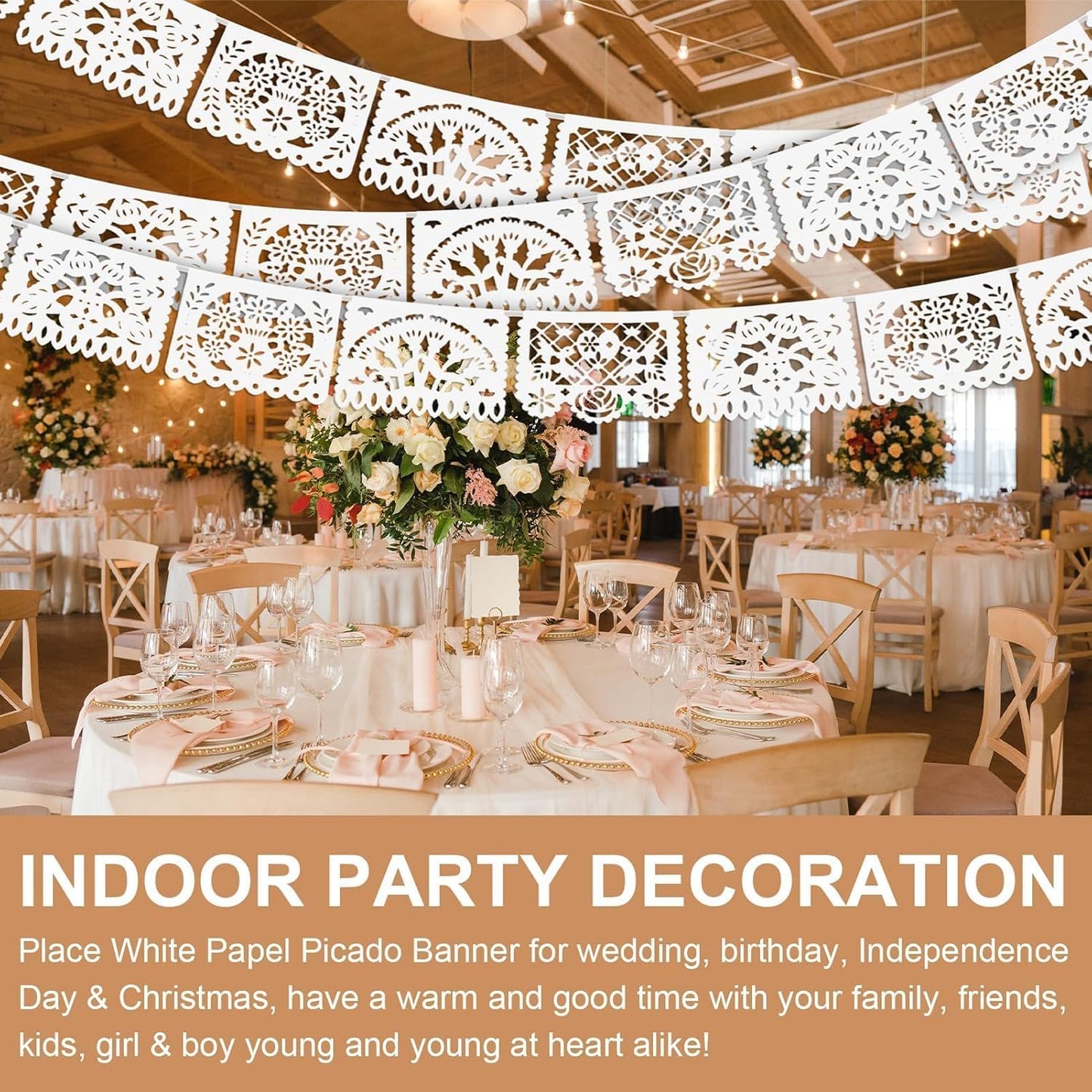 5 Pack White Papel Picado Banner, 90Ft White Mexican Banner for Parties Weddings, Papel Picado Dia De Los Muertos, Cinco De Mayo Decor, Day of The Dead Decorations, Fiesta Party Decoration Supplies