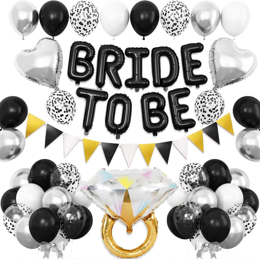 Black and Silver Bachelorette Party Decorations, Black Bride To Be Bridal Shower Decorations, Black White Silver Balloons and Diamond Ring Silver Heart Balloons for Bachelorette Engagement Wedding