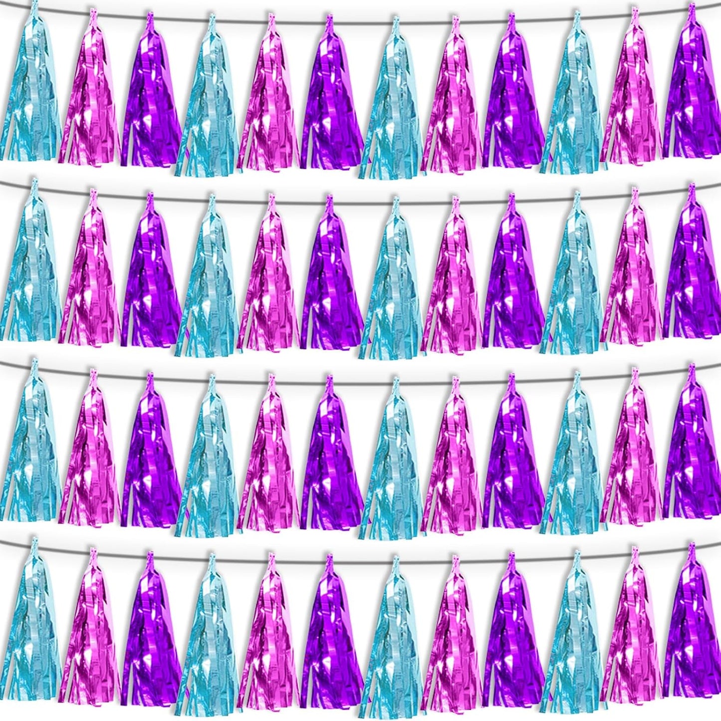 4P Lake Blue Purple-Hot Pink Tassel Banner Garland Metallic Foil Fringe Banner Tinsel Tassels Streamer Banner Backdrop for Parade Floats,Graduation Decorations, Wedding Party Decoration