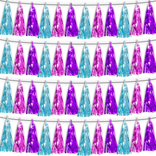 4P Lake Blue Purple-Hot Pink Tassel Banner Garland Metallic Foil Fringe Banner Tinsel Tassels Streamer Banner Backdrop for Parade Floats,Graduation Decorations, Wedding Party Decoration