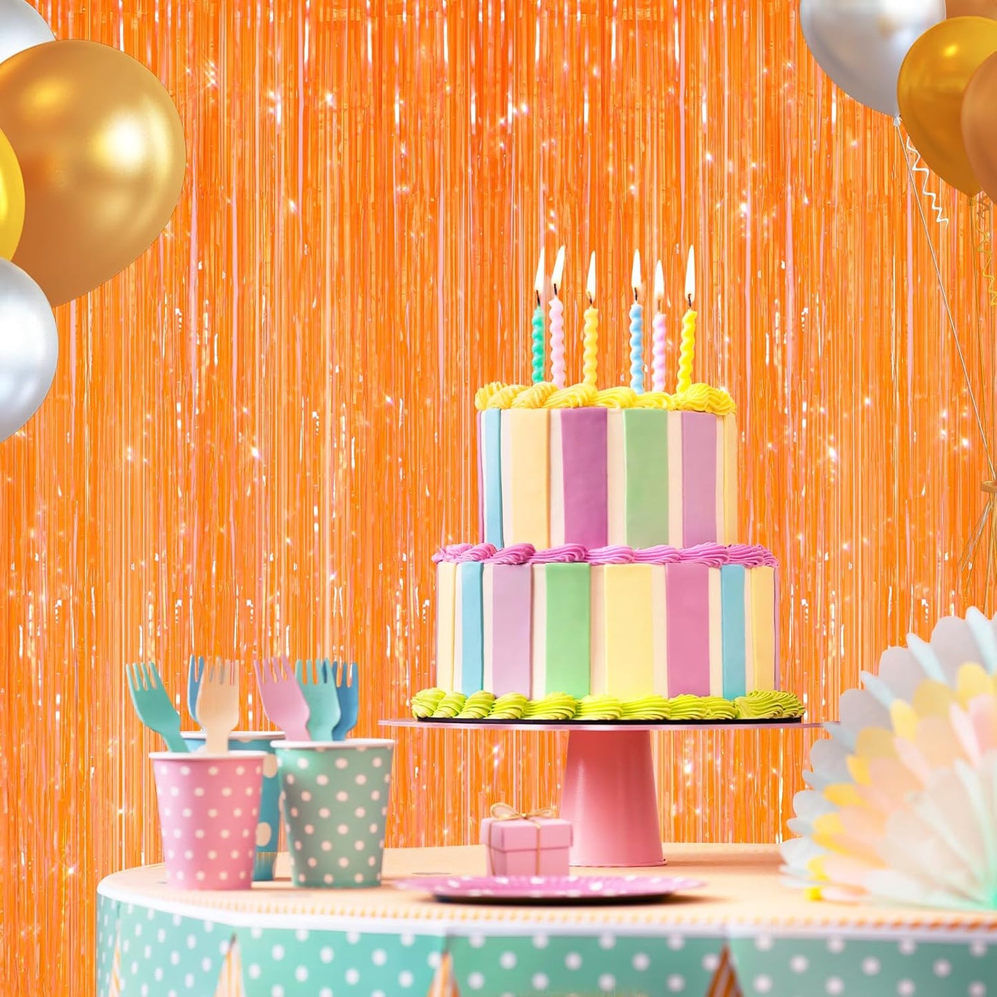 2 Pack Orange Metallic Tinsel Foil Fringe Curtains, Door Streamers Photo Booth Backdrop for Birthday Party, Tinsel Curtain Backdrop for Baby Shower Bachelorette Christmas Party Decorations