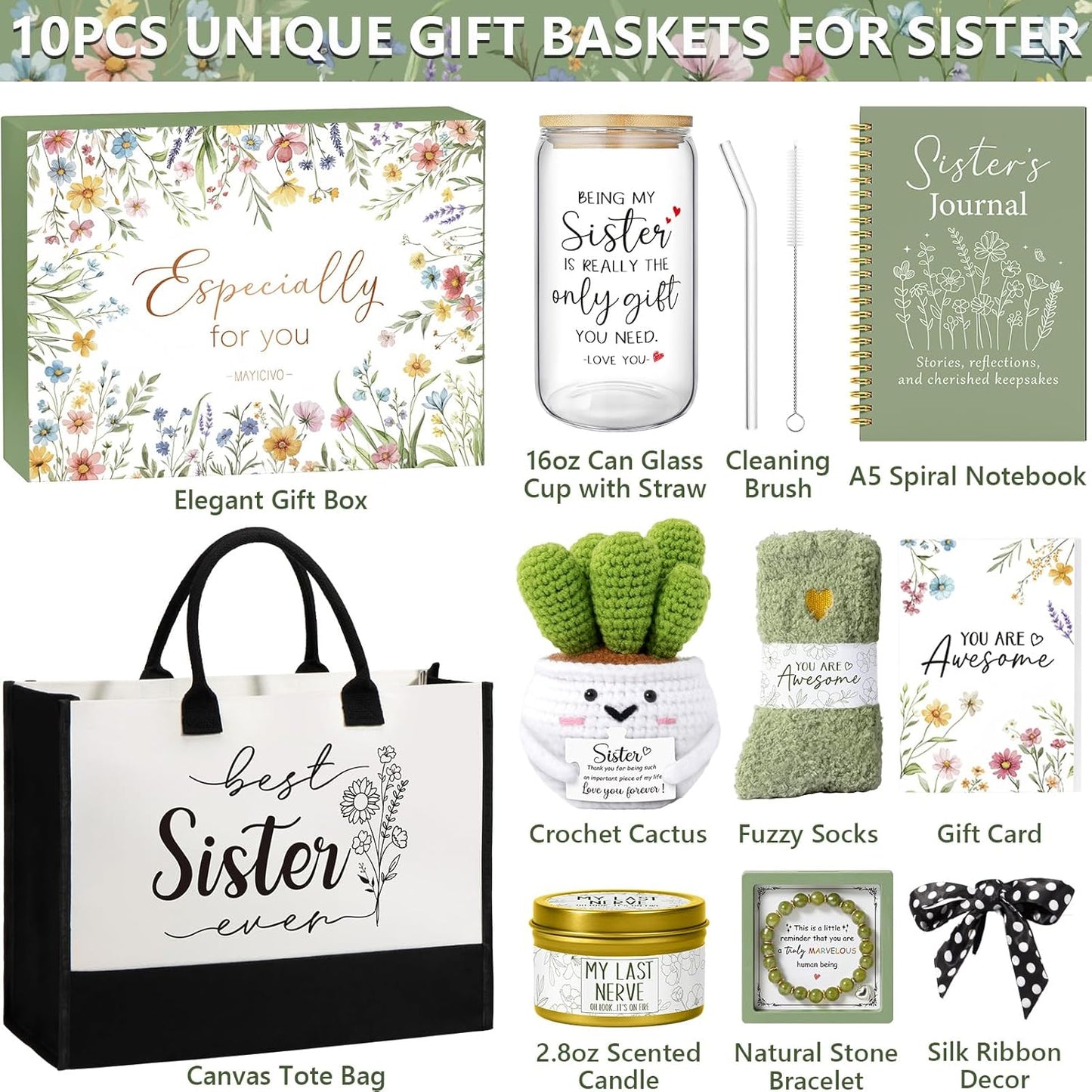 Best Sisters Gifts from Sister, Christmas Gifts for Sisters Birthday Gift from Brother, Funny Sister-in-Law Unique Soul Sis Gift Basket for Best Friends with Canvas Tote Bag 16Oz Can Glass Cup