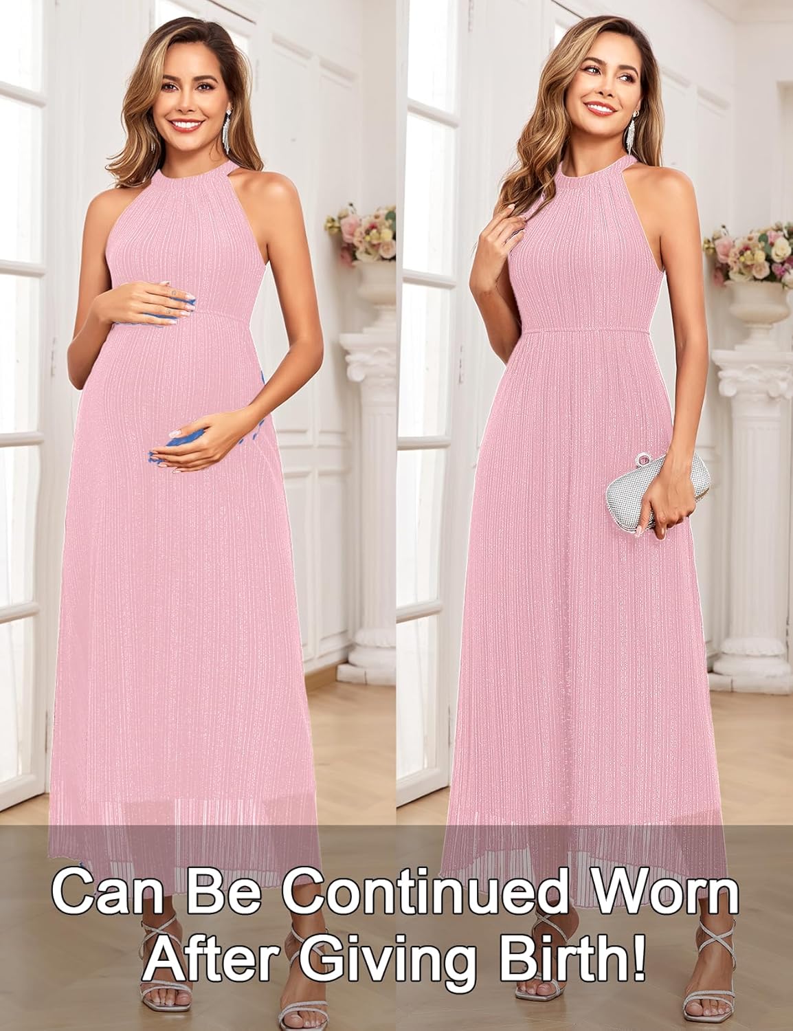 Maternity Sparkly Mesh Dress Halter Neck Sleeveless A Line Pregnancy Dresses Semi Formal Baby Shower Photoshoot