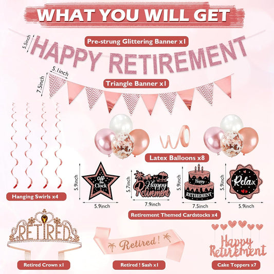 Rose Gold Retirement Party Decorations for Women, Retired Crown and Sash Retirement Backdrop Balloons Cake Toppers Hanging Swirls Retired Parties Supplies 24PCS