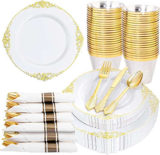Nervure 175PCS Gold Plastic Plates - Disposable White Gold Party Plates & Pre Rolled Napkins with Cutlery for 25 Guests, 50Plates, 75Silverware, 25Cups, 25Napkin for Wedding & Party
