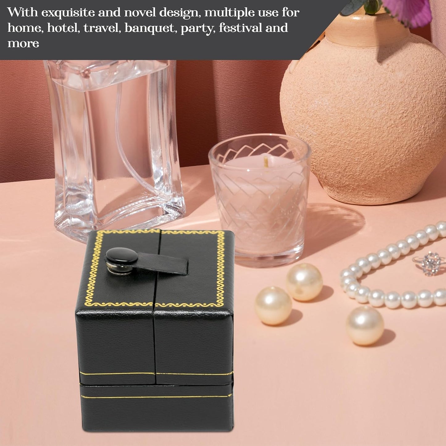 Novel Box 2 Door Black Jewelry Box for Rings 2x1.75x1.4 Inches - Double Door Ring Gift Boxes with Gold Trim - Faux Leatherette Ring Storage Case - Gift Presentation Cases for Rings Only