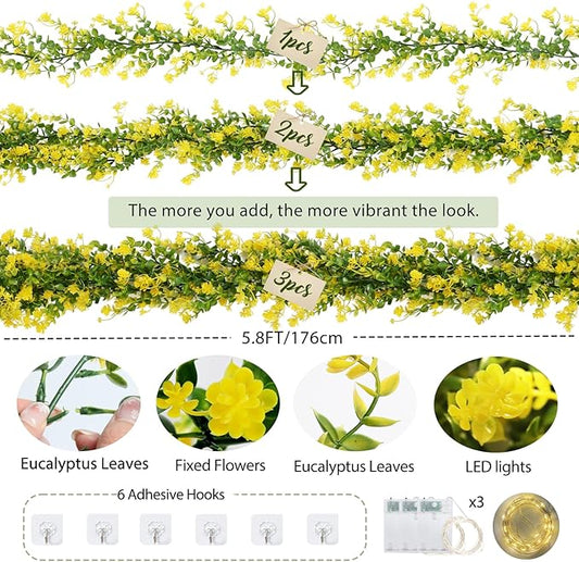 RECUTMS 3 Pcs Green Garland with Lights Fern Hanging Light Fake Hanging Vines Spring Garland with Lights Green Leaf Vines for Spring Home Wall Mantel Party Wedding Fireplace Decoration(Yellow)