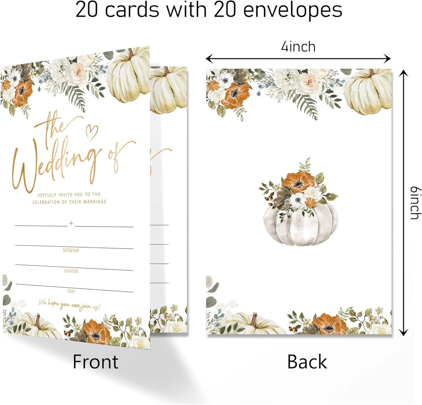Wedding Invitation Cards with Envelopes Pack of 20 (4"x6") - Autumn Themed Pumpkin Floral Invitations for Wedding.(154)