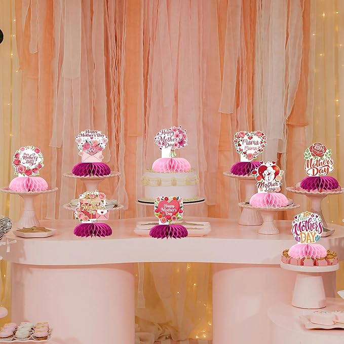 9 PCS Happy Mother's Day Honeycomb Centerpieces Love Heart Best Mom Table Centerpiece Love Mother Table Decorations for Women Mama Birthday Happy Mother's Day Party Centerpieces Decorations Supplies