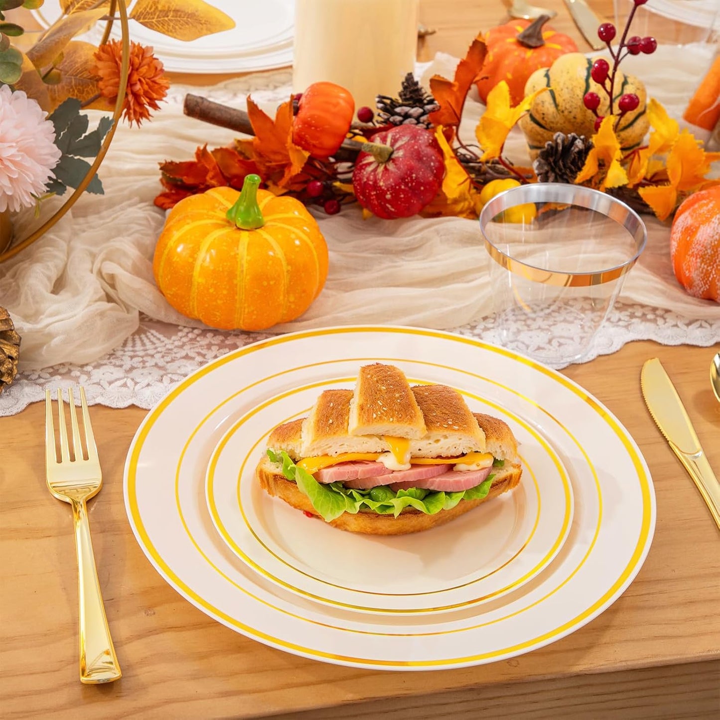 WELLIFE 350PCS Ivory Plastic Plates for 50 Guests -Thanksgiving Plates,Thanksgiving Decorations,Disposable Plate for Party and Wedding