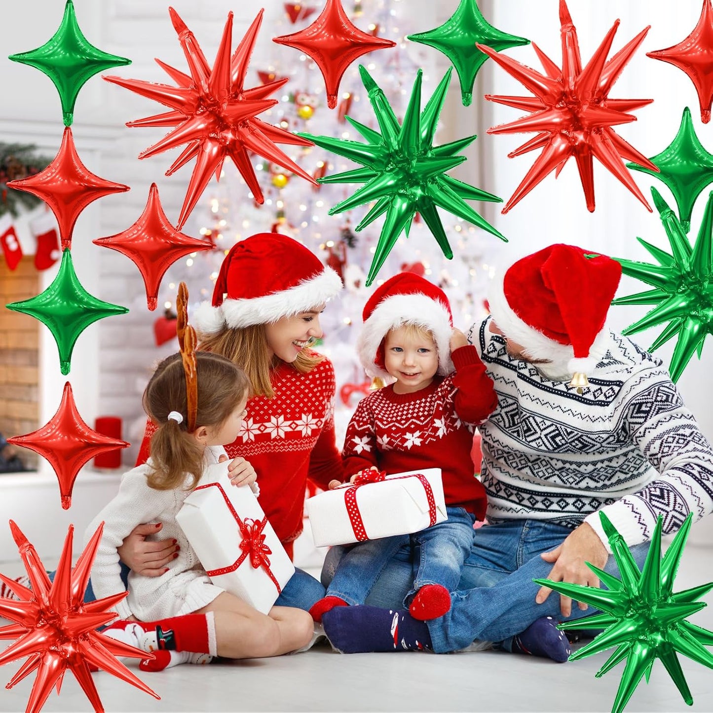 Red Green Star Balloons,Explosion Star Balloons Kit with 6Pcs 22Inch Cone Star Foil Balloons and 10Pcs 10Inch Four Pointed Star Balloons for Christmas Birthday Anniversary Party Decorations
