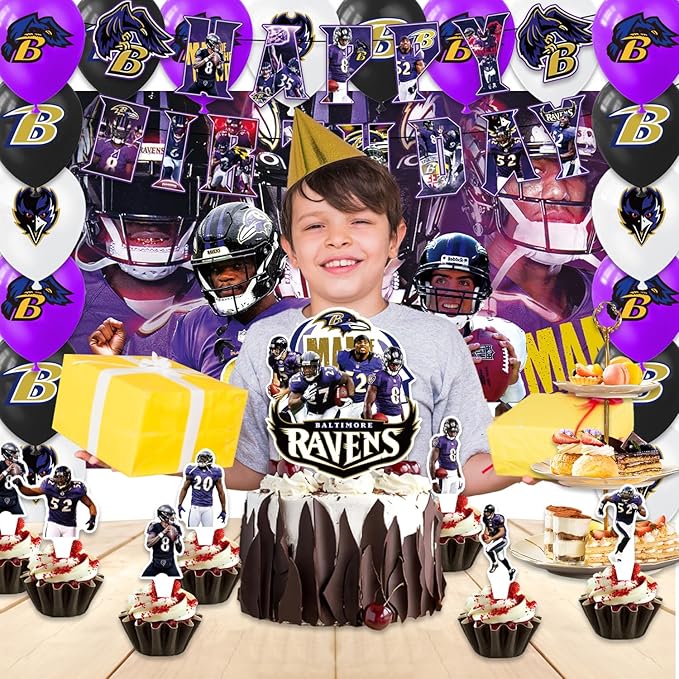 42pcs Baltimore Party Decoration Pack Includes，Banner，Cake Topper，Blackdrop,Balloons for Ravens party decoration