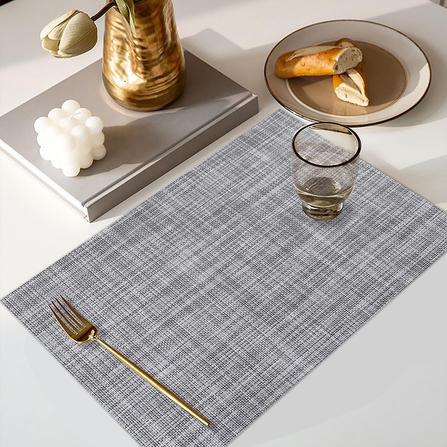 Vinyl Placemats Set of 8, PVC Woven Washable Non-Slip Table Mats, Heat Resistant Wrinkle Free Place Mats for Dining Table, Easy to Clean (8, Light Grey)