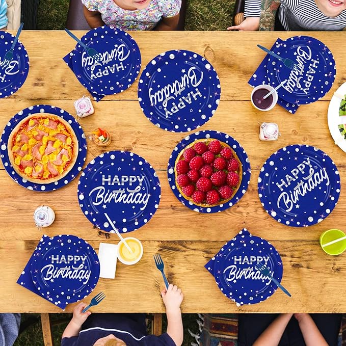 Grencian 96Pcs Blue and Silver Birthday Party Decorations Supplies Silver Polka Dots on Happy Birthday Blue Paper Plates and Napkins Disposable Tableware for Women Men Party Decorations Serves 24