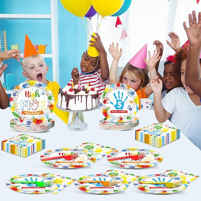 96Pcs Hi Five Birthday Party Supplies Colorful High 5 Year Old Birthday Paper Plates Napkins Hi FIVE Party Decorations Kids Girls Boys 5 Years Old Dinnerware Favor Tableware Serves 24