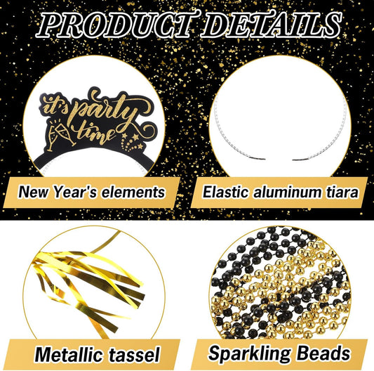 240 Pcs 2026 New Years Eve Party Favor Supplies for 48 Pcs Guest Happy New Year Glasses Paper Headband Cone Hat Fringed Noisemaker Black Gold Bead Necklace for Newyear Christmas Party Decor