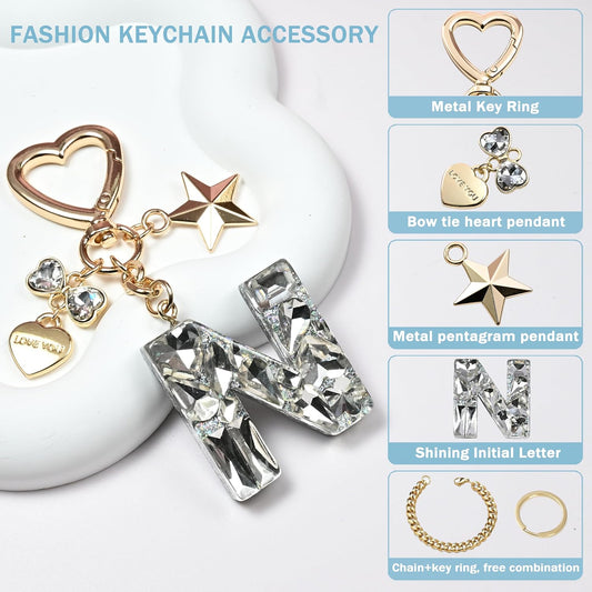 Cute Bling Keychain initial Letter Butterfly Star Pink Purple Gift for Women Girls Bag Cup Charms Accessories
