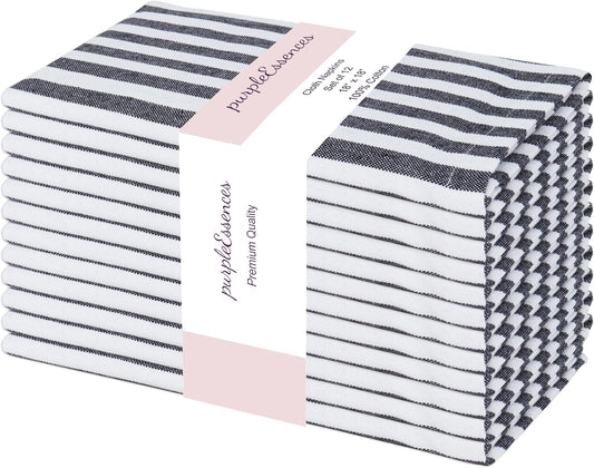 PurpleEssences Plain Striped Cloth Napkins - Set of 12-100% Cotton - 18 x 18 Inch - Fall Thanksgiving Halloween - Perfect Everyday Use Dinner Napkin - Black and White