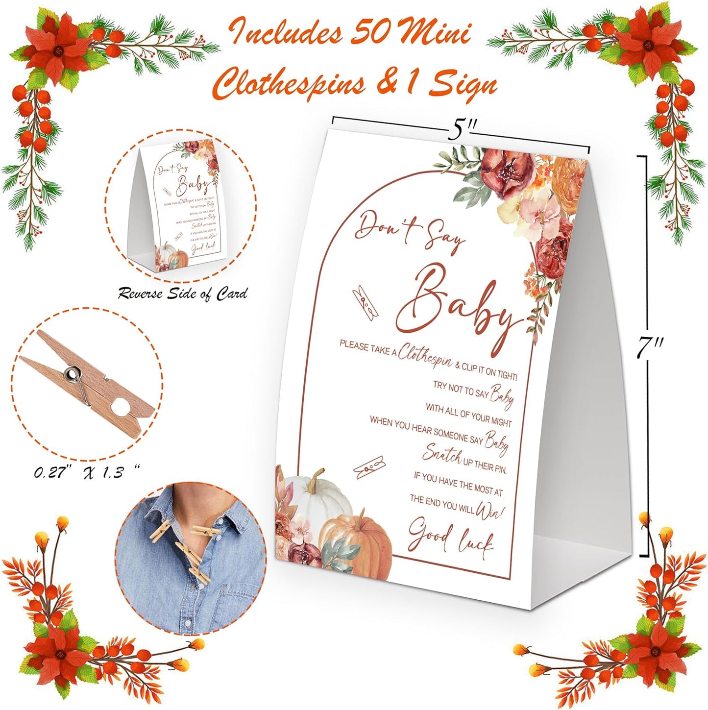 Boho Floral Pumpkins Shower Decorations,Don't Say Baby Baby Shower Game,Gender Neutral Baby Shower Decorations,Small Clothespin Game,Baby Shower Ideas,Baby Shower Games 50 Guest,Fall Party Games