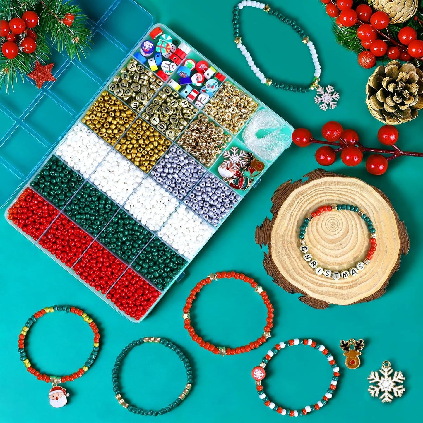 Redtwo Christmas Bracelet Making Kit, 2100 Pcs 4mm GlassSeed Beads Friendship Bracelet Kit, Holiday DIY Craft with Christmas Charms, Gifts for Crafts Lover