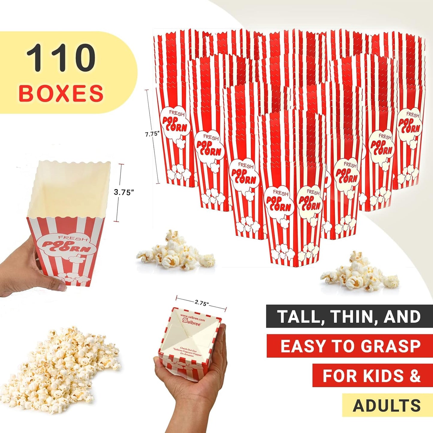 110 Movie Night Popcorn Paper Boxes Buckets 7.75 Inches Tall Large Box & Holds 46 Oz Old Fashion Vintage Retro Party Design Red & White Colored Nostalgic Carnival Stripes Bags & Tubs various qty avail