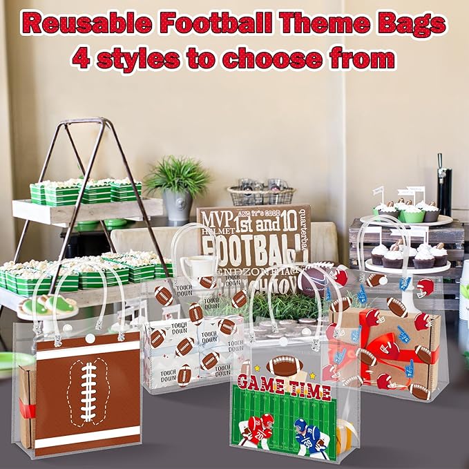 H1vojoxo Football Party Gift Bags - 24pcs Football Clear PVC Gift Bags with Handles Reusable Rugby Sports Goodie Bag for kids Rugby Tote Bag for Snack Large Candy Treat Ball Themed Party Favor