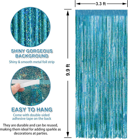Crosize 3 Pack 3.3 x 9.9 ft Laser Blue Foil Fringe Curtains Party Decorations, Laser Blue Tinsel Curtain Backdrop for Parties, Door Streamers, Glitter Streamer Backdrop for Birthday Decoration