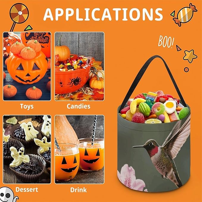 Halloween Candy Bucket - Floral Hummingbirds Trick Or Treat Candy Bag, Gift Bag for Party Favor Supplies