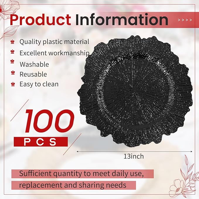 100 Pcs Black Charger Plates Bulk, 13" Reef Plate Chargers for Dinner, Plastic Floral Decorative Plates for Table Setting, Round Table Chargers for Wedding, Christmas, Party, Event, Decoration