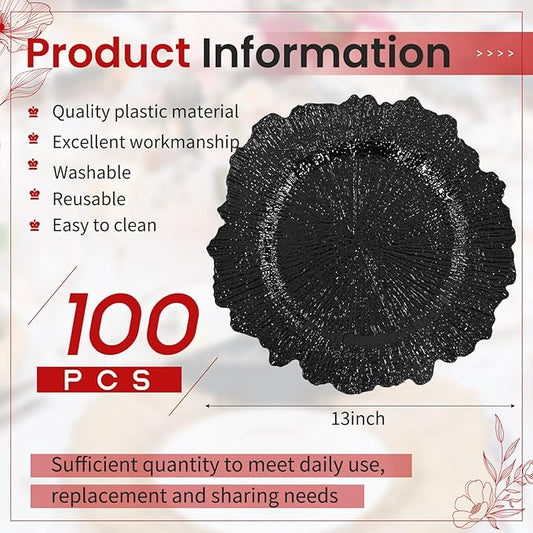 100 Pcs Black Charger Plates Bulk, 13" Reef Plate Chargers for Dinner, Plastic Floral Decorative Plates for Table Setting, Round Table Chargers for Wedding, Christmas, Party, Event, Decoration