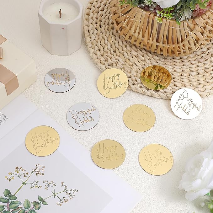 24 Pcs Gold Mirror Acrylic Cupcake Toppers, Round Gold Happy Birthday Cake Topper, Cake & Cupcake Decorations for DIY Birthday Party Anniversary Pastries Decorations