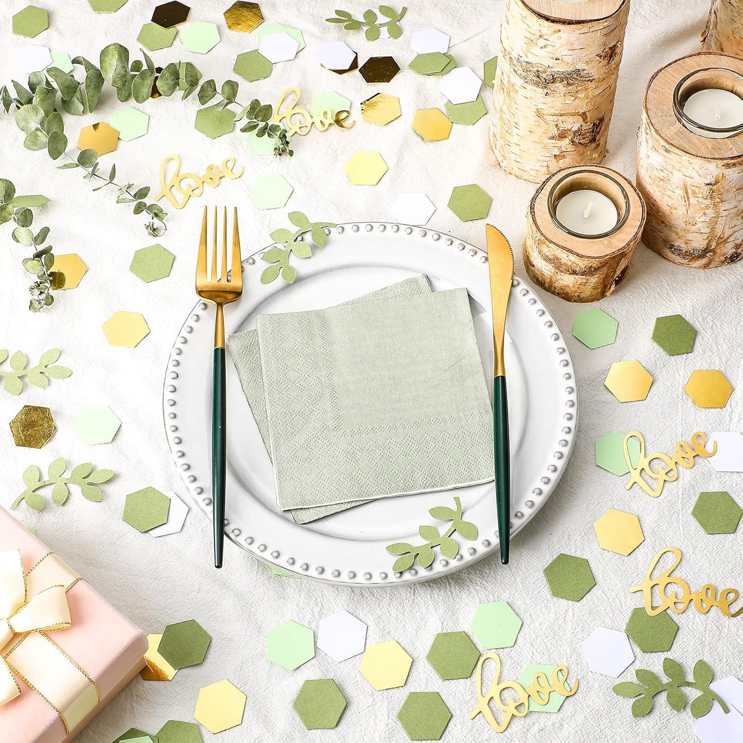 500 Pcs Greenery Wedding Table Confetti, Boho Love Theme Party Sage Green Table Scatter Confetti for Nature Theme Engagement Party Wedding Birthday Shower Party (Gold, Tea Green, Light Green, White)