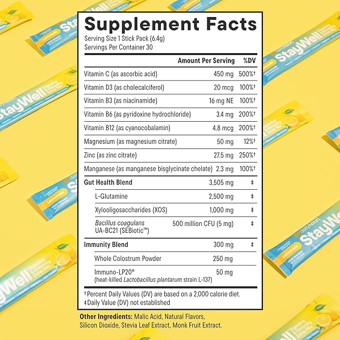 DAILYNOURI StayWell Digestive & Immunity Drink Mix | Supports Gut Health, Digestion, Immunity & Energy | Probiotics, Prebiotics, Colostrum & Daily Vitamins | 30 Stick Packs