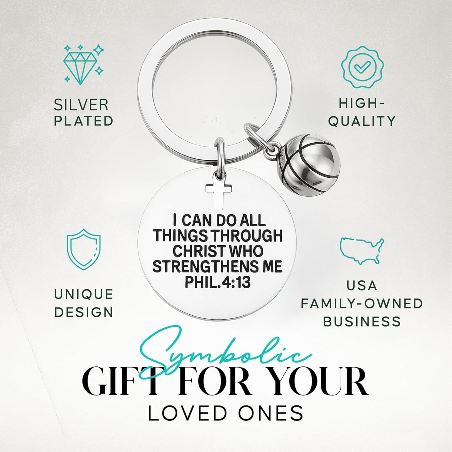 SportyBella Basketball Keychain I Can Do All Things Through Christ Phil 4:13 Engraved Faith Charm Gift for Basketball Players Fans
