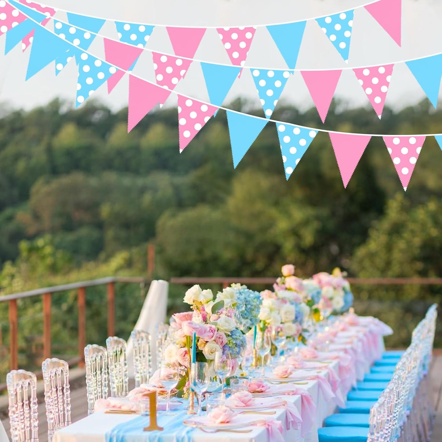 Pinkblume 32Ft Gender Reveal Party Decorations Pink and Blue Circle Dot Pennant Triangle Banner Party Flag Bunting Streamer Garland