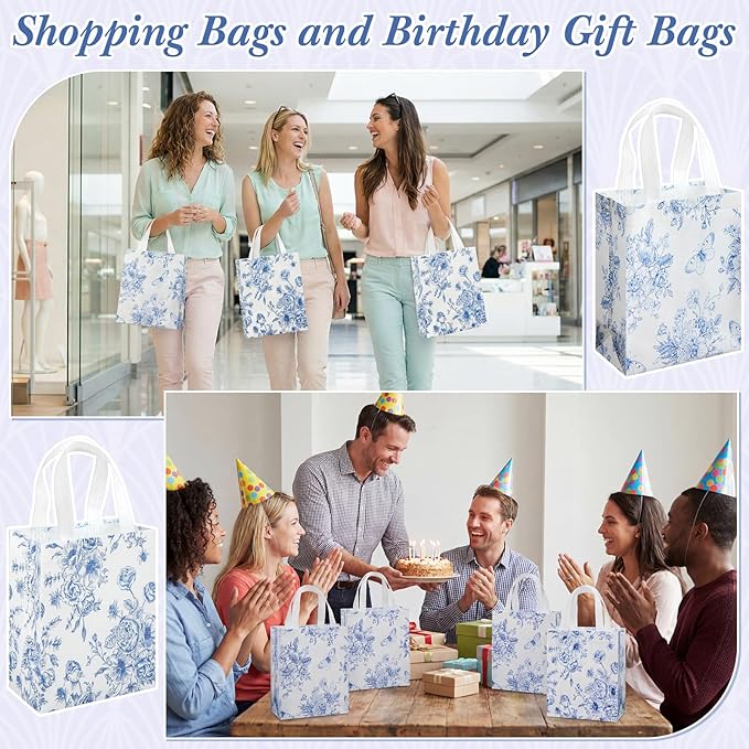 Wovnet 30 Pcs Blue Floral Gift Bags Bulk Reusable Non Woven Vintage Floral Tote Treat Goodie Candy Bags with Handles Spring Flowers Party Favors Pouch for Holiday Wedding Party Decor 10 x 8 x 4 Inch