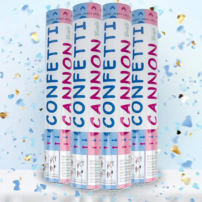 4 Pack Gender Reveal Confetti Cannon, 12 in Blue Heart Shaped Paper Party Poppers Cannons, Confetti Poppers For Baby Boy Gender Reveal Baby Showers (Heart, Blue)