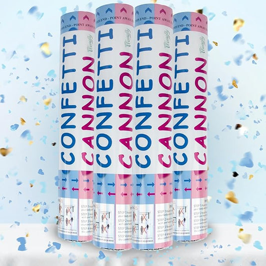 4 Pack Gender Reveal Confetti Cannon, 12 in Blue Heart Shaped Paper Party Poppers Cannons, Confetti Poppers For Baby Boy Gender Reveal Baby Showers (Heart, Blue)