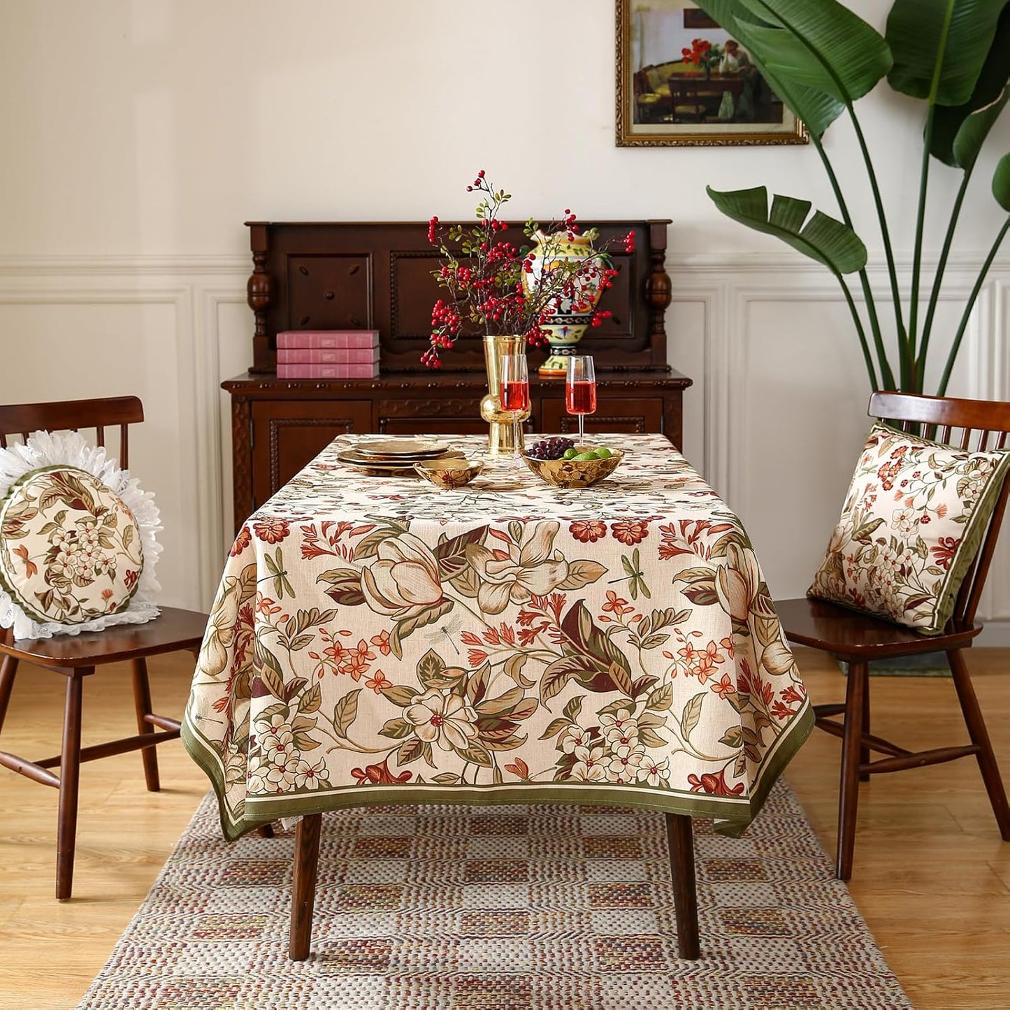 ISAENNE Designer Bohemian Linen Small Square Table Cloth,Colorful Floral Pattern Tablecloth,Wrinkle Resistant Decorative Tablecloths for Dining Thanksgiving Kitchen Party,55"*55"-Grace A