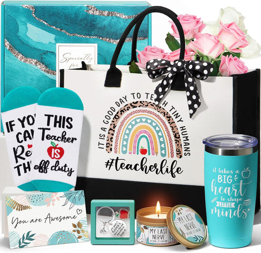 Best Teacher Christmas Appreciation Gifts for Women, End of Year Teacher Gifts from Student, Thank You Gift Basket Funny Daycare Teachers Unique Birthday Retired Gift for Teachers w/ Canvas Tote Bag