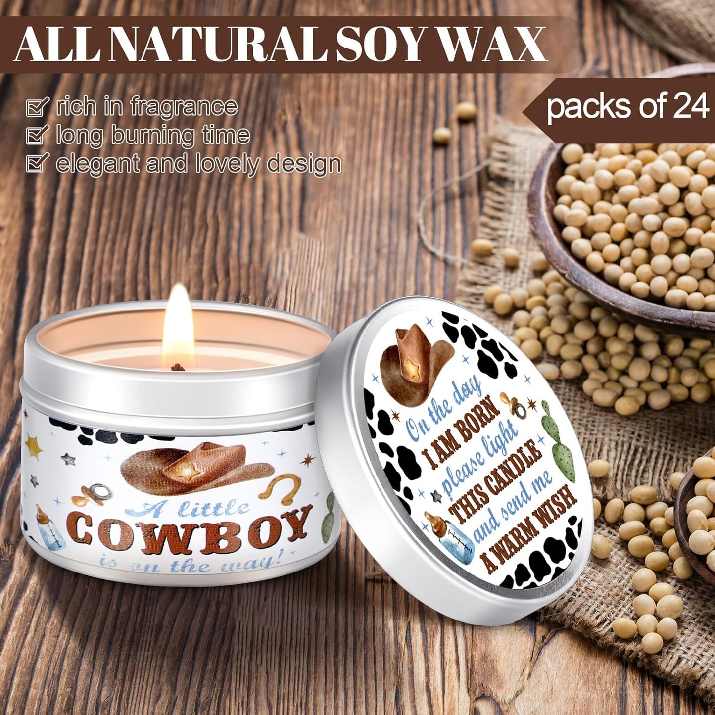 MTLEE 24 Pcs Cowboy Baby Shower Party Favors Candles Lavender Scented Baby Shower Favors for Guests Rustic Tealights Candles Gender Reveal Return Gifts Girl Boy(1.2 Oz, White)