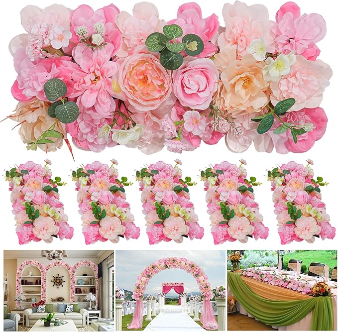 Wedding Arch Artificial Flowers Pink - 6Pack Faux Floral Swags Rose Silk Peony Realistic Arch Faux Plastic Arrangement for Romantic Wedding Wall Reception Ceremony Welcome Sign Decoration