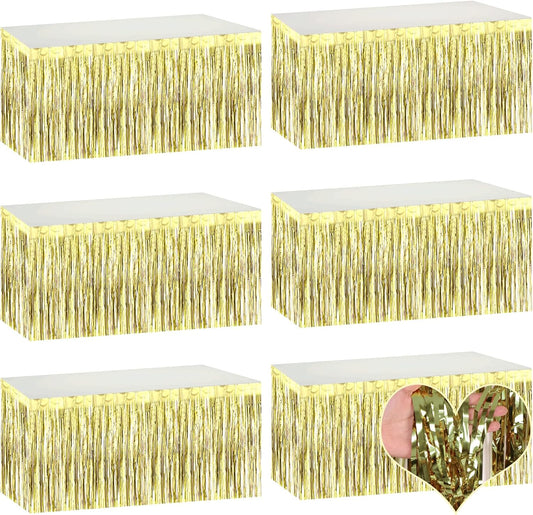 6 Pack 29x108 Inch Light Gold Metallic Foil Fringe Table Skirts Banner for Tinsel Streamer Garland Curtains Backdrop for Parade Floats Wedding Baby Shower Birthday Christmas Halloween Party Decoration