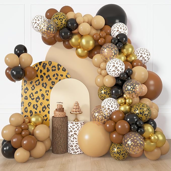 Amandir 153pcs Cheetah Balloons Arch Garland Kit, Different Sizes 18 12 10 5inch Black Dark Light Brown Gold Confetti Leopard Cheetah Print Balloons for Safari Jungle Wild Birthday Party Decorations