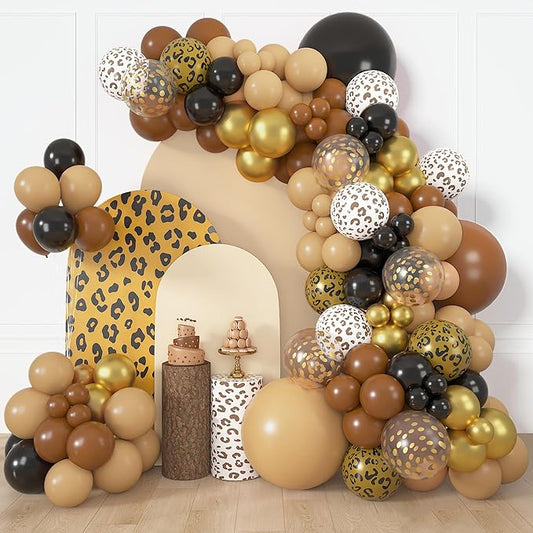 Amandir 153pcs Cheetah Balloons Arch Garland Kit, Different Sizes 18 12 10 5inch Black Dark Light Brown Gold Confetti Leopard Cheetah Print Balloons for Safari Jungle Wild Birthday Party Decorations